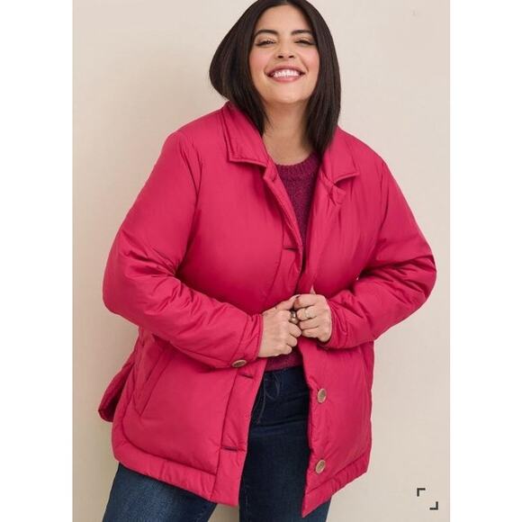 Torrid Jacket Women's 1X Puffer Coat Lightweight Packable Poly Down Pink Red NEW - Picture 2 of 12